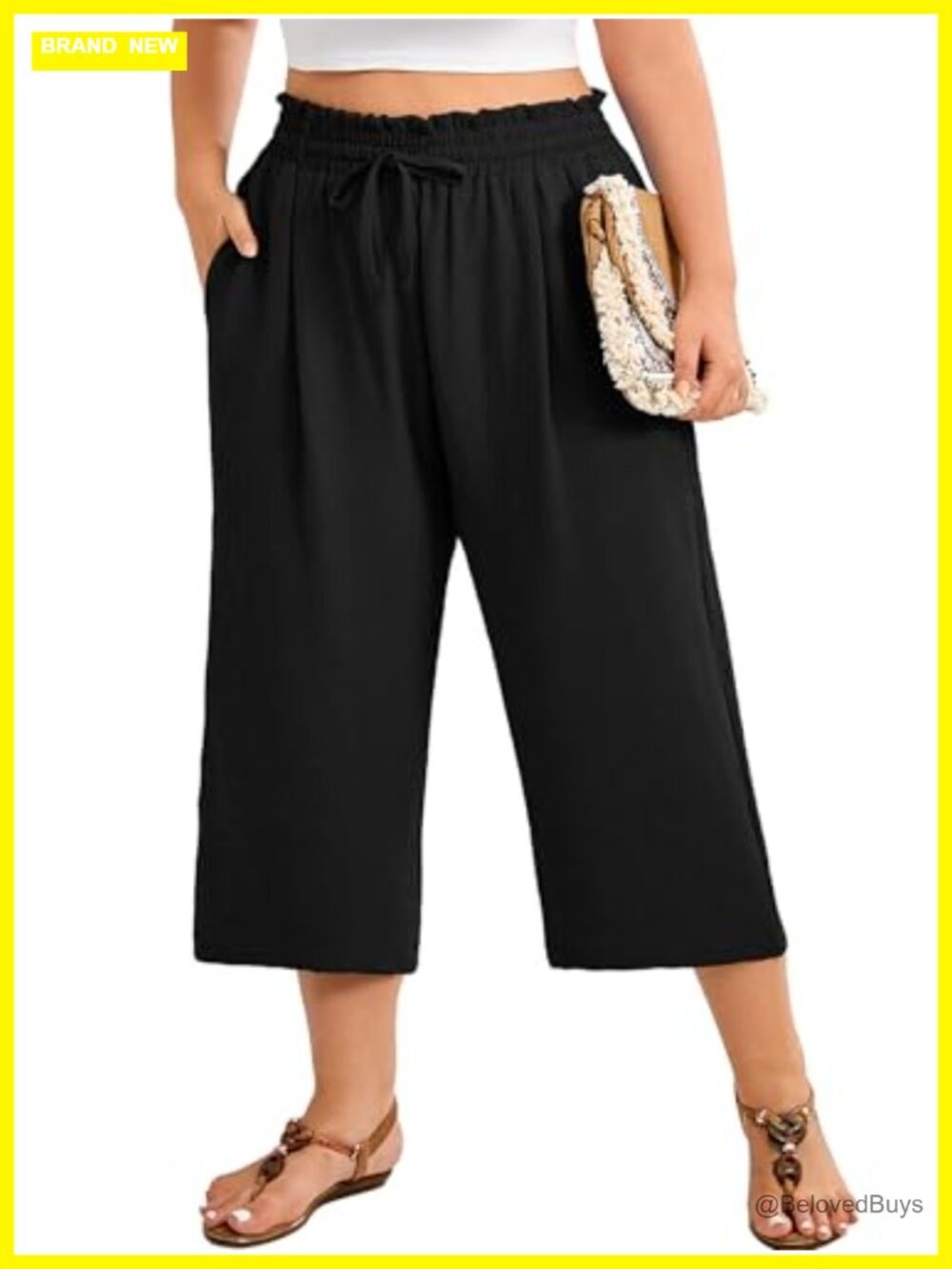 Plus Size Capri Wide Leg Pants High Waisted Drawstring Cropped Trousers